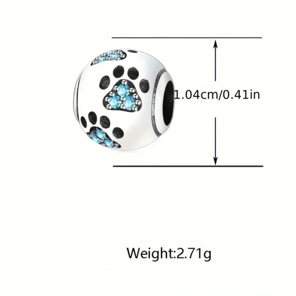 S925 Sterling Silver PAW PRINT Charm/Pendant with Blue Zirconia Accents - NWT
